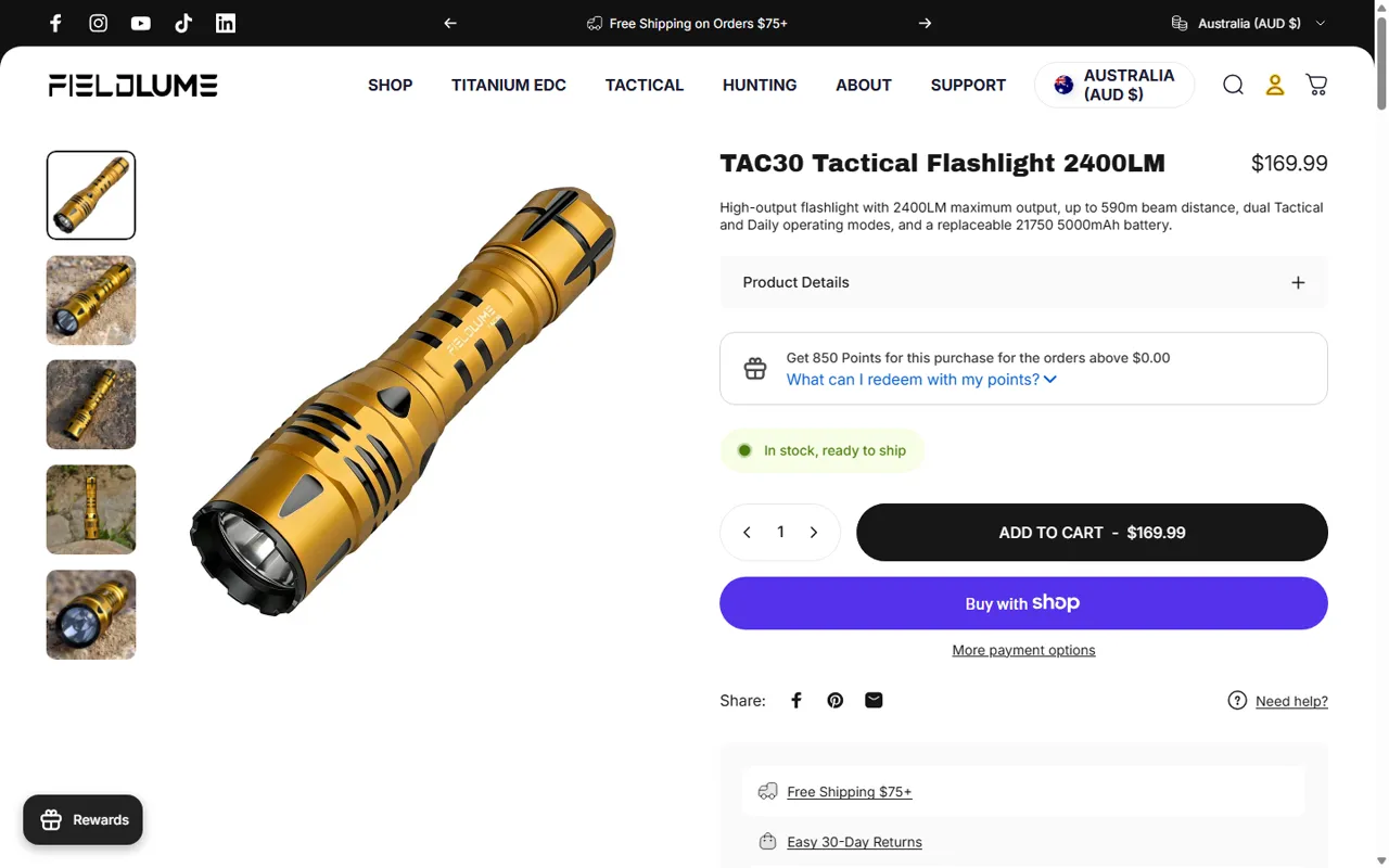 FIELDLUME 官网产品页与购买截图