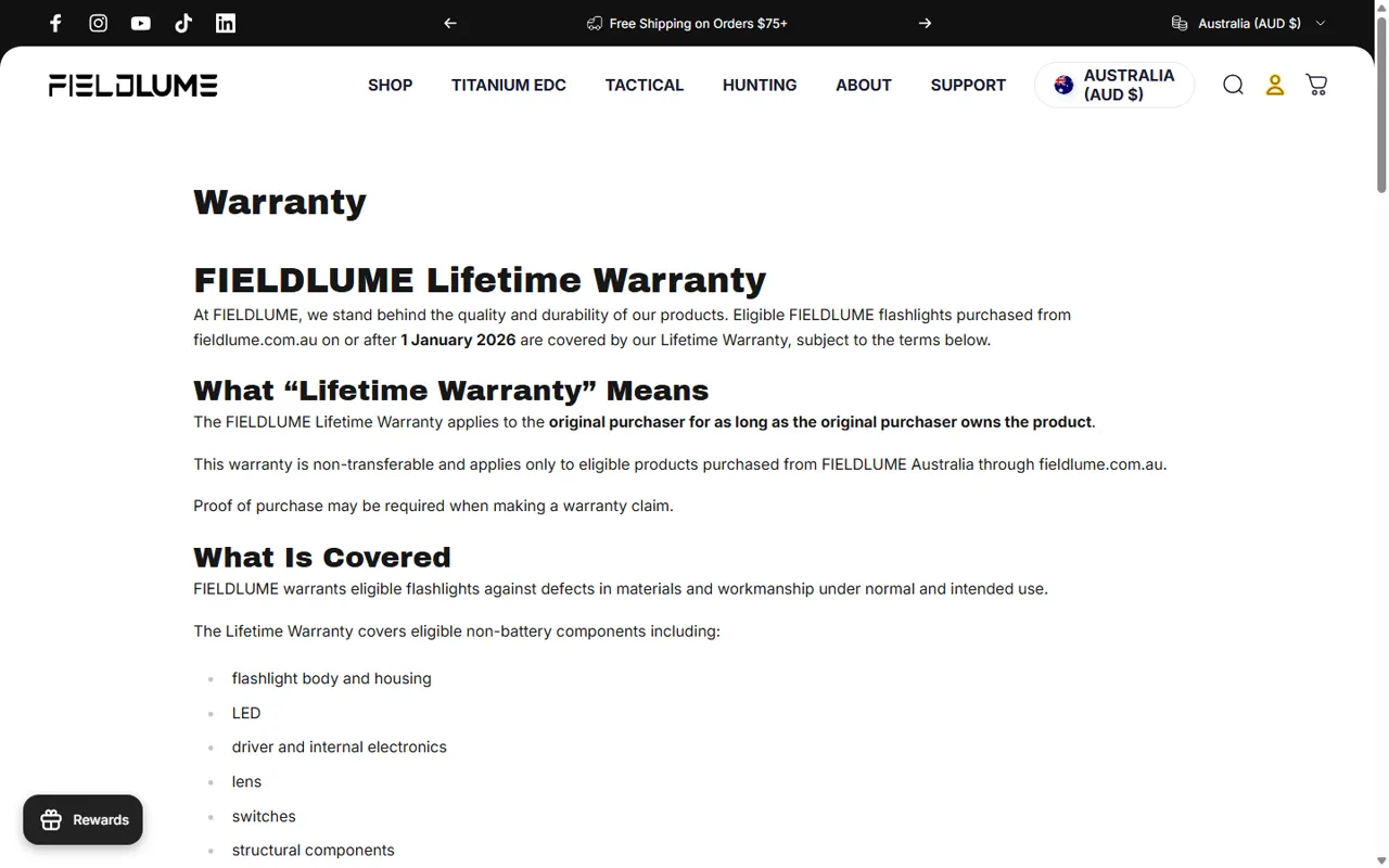 FIELDLUME 官网质保政策截图